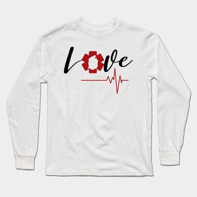 Love Nursing black text design with red Nurse star, silhouette and heartbeat Long Sleeve T-Shirt by BlueLightDesign